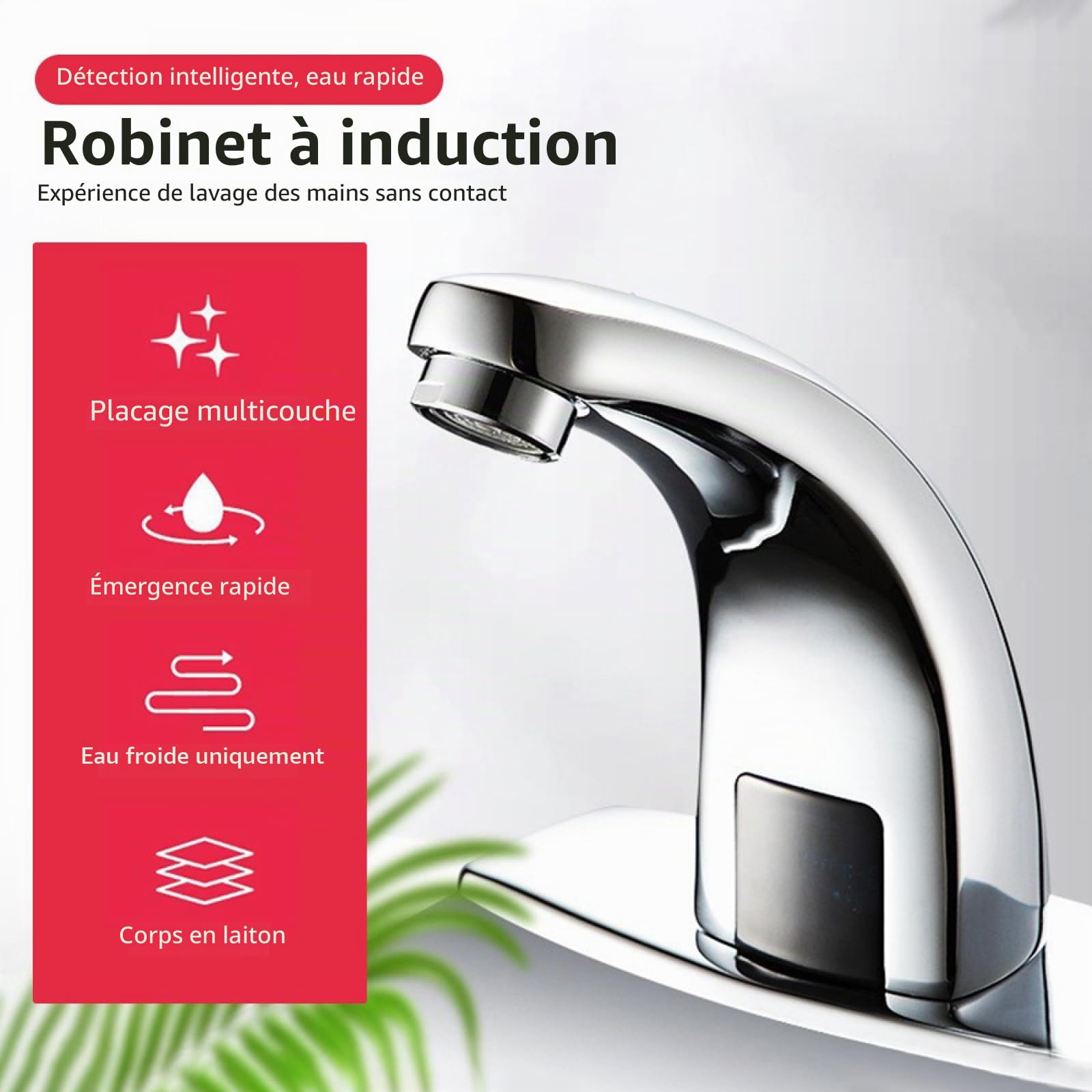 Robinet de cuisine sans contact à piles, automatique, capteur de mouvement électronique infrarouge intelligent, robinet de salle de bain avec filtre intégré 1 trou et plaque de couverture pour G1/2