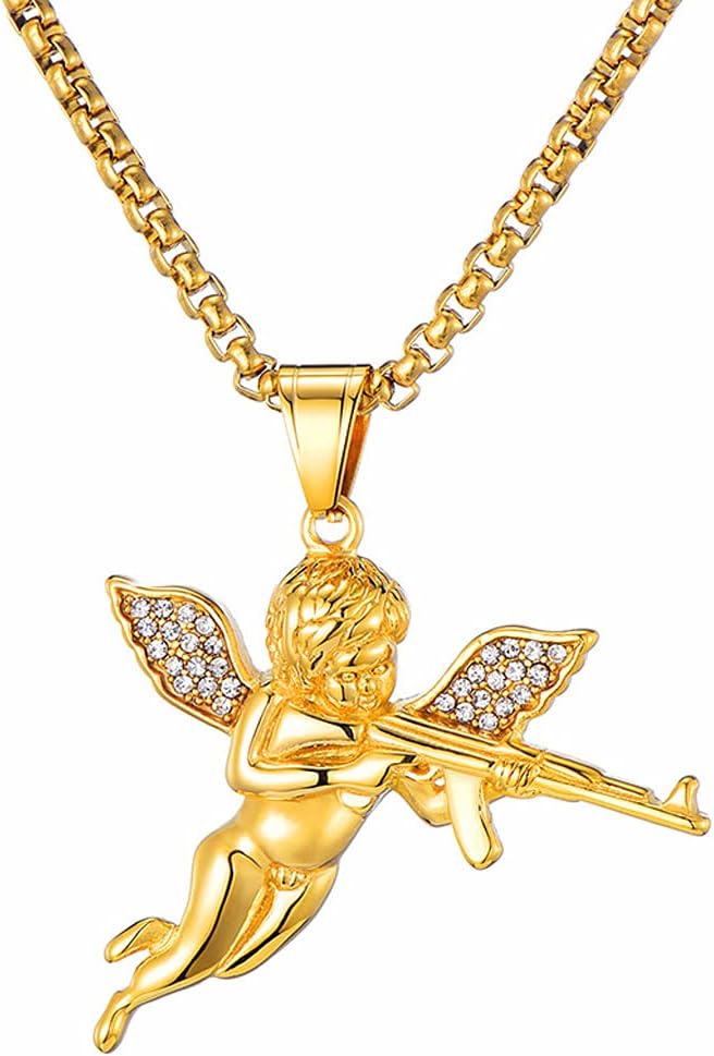 JemantJemant Angel Necklace For Women Men Stainless Steel Raise A Gun Pendant Crystal Gold Hip Hop Little Angel Wing Necklace For Boyfriend Girlfriend