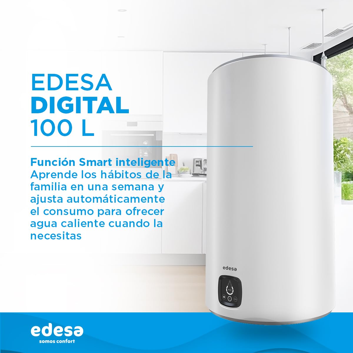 Edesa Digital 100L - Termo Eléctrico 100 Litros Vertical, Calentador de Agua con Pantalla Digital, Función Smart, 102,2 x 43,3 x 45,1 cm, Color Blanco, Eficiencia Energética B [Rango (A+/F)]