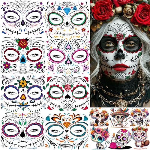 14 Sheets Day Of The Dead Face Tattoos For Halloween Temporary Tattoos Sugar Skull Catrina Makeup Kit Tattoo Sticker, Realistic Stitch Mouth Fake Tattoos Halloween Zombie Costume Dia De Los Muertos