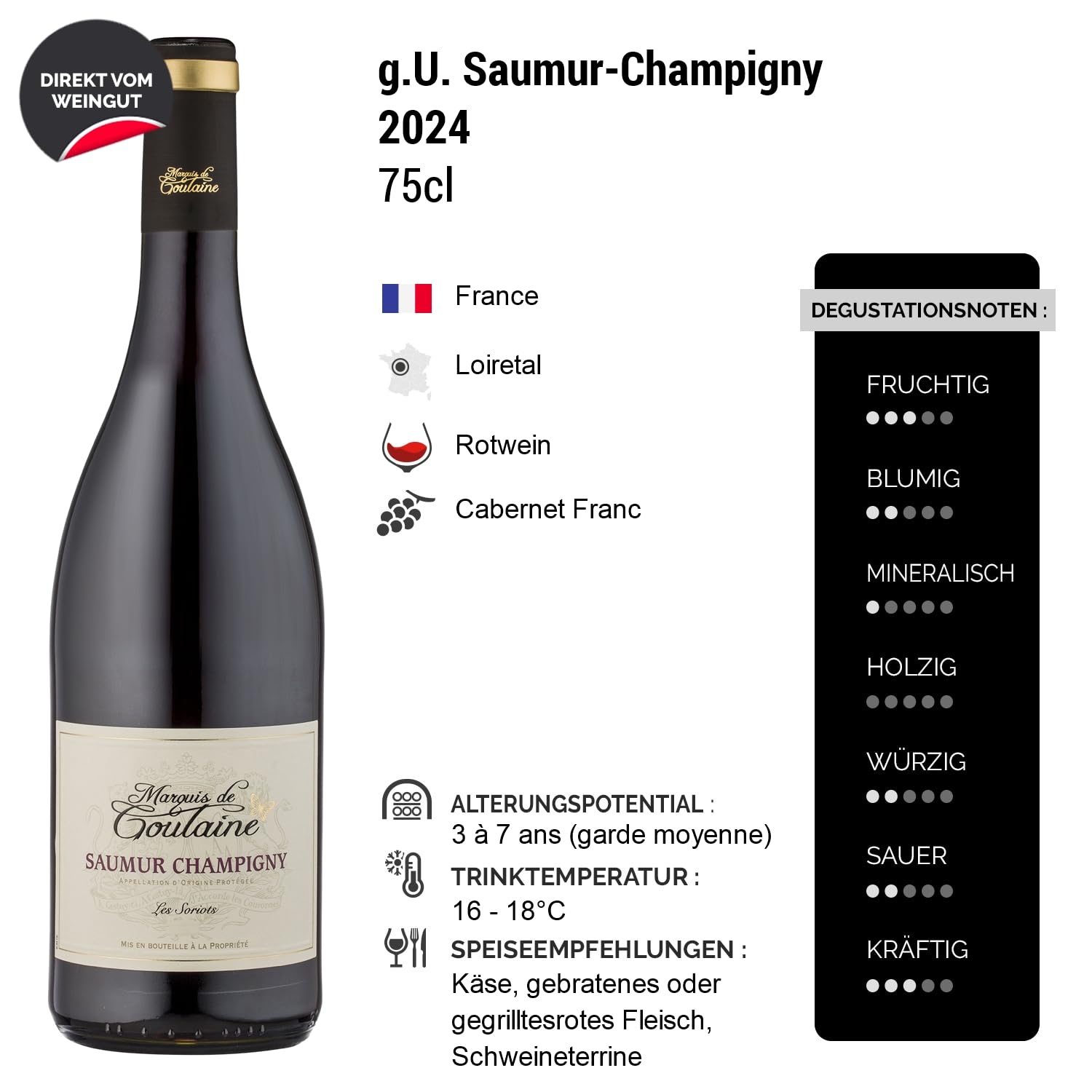 Saumur-Champigny Les Soriots Rotwein 2024 - Marquis de Goulaine - g.U. - Loiretal Frankreich - Rebsorte Cabernet Franc - 6x75cl