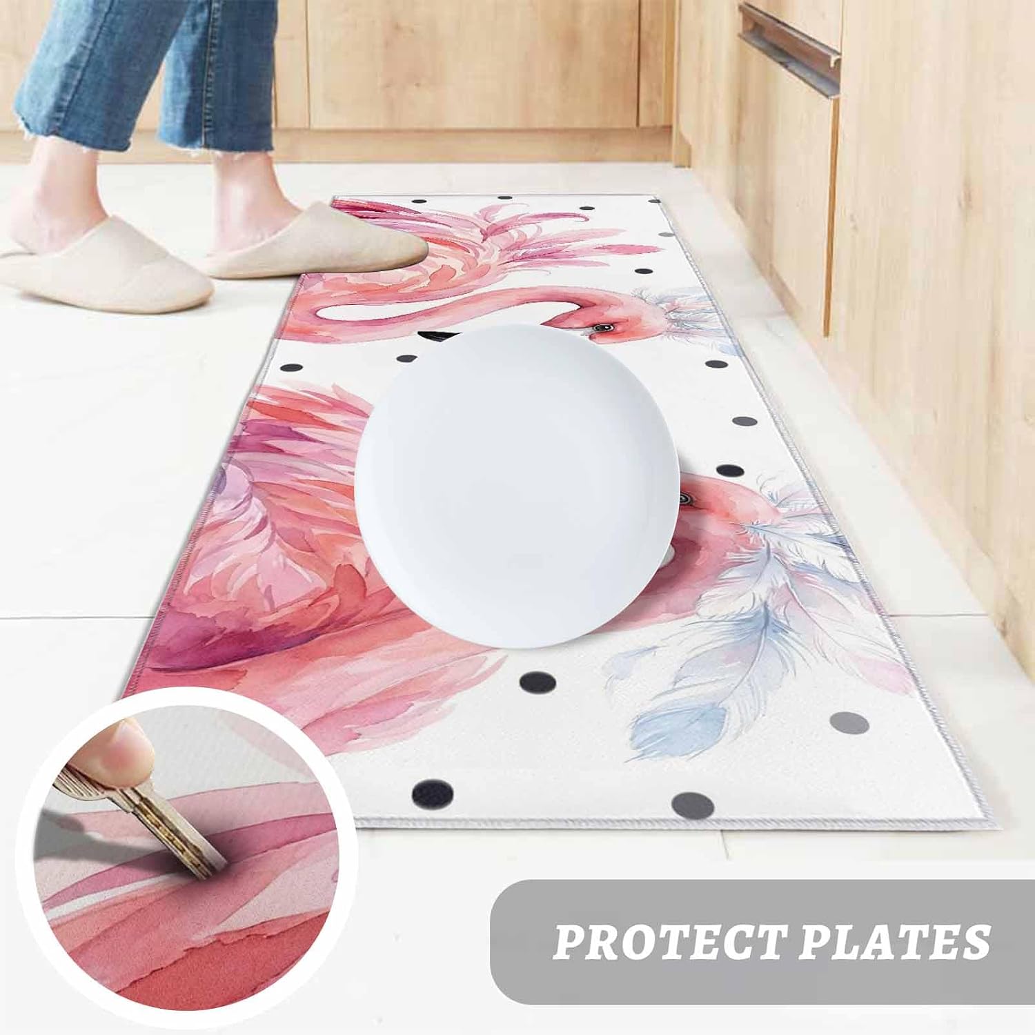 Kitchen Mats for Floor Farmhouse Flamingo Polka Dot Washable Non Slip Kitchen Rugs 1PCS, Pink Animal Feather Close-up Art Absorbent Standing Mats for Sink Bathroom Office Living Room 23.6x70.9in