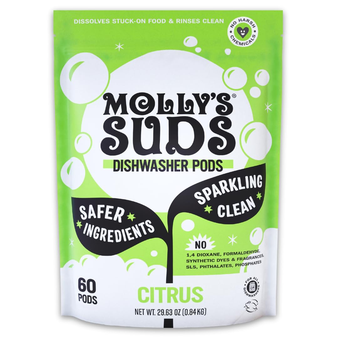 Molly's Suds Dishwasher Pods | Natural Dishwasher Detergent, Cuts Grease & Rinses Clean (Residue-Free) for Sparkling Dishes, Biodegradable Auto-Release Tabs (Citrus – 60 Count)2. The 。 A
