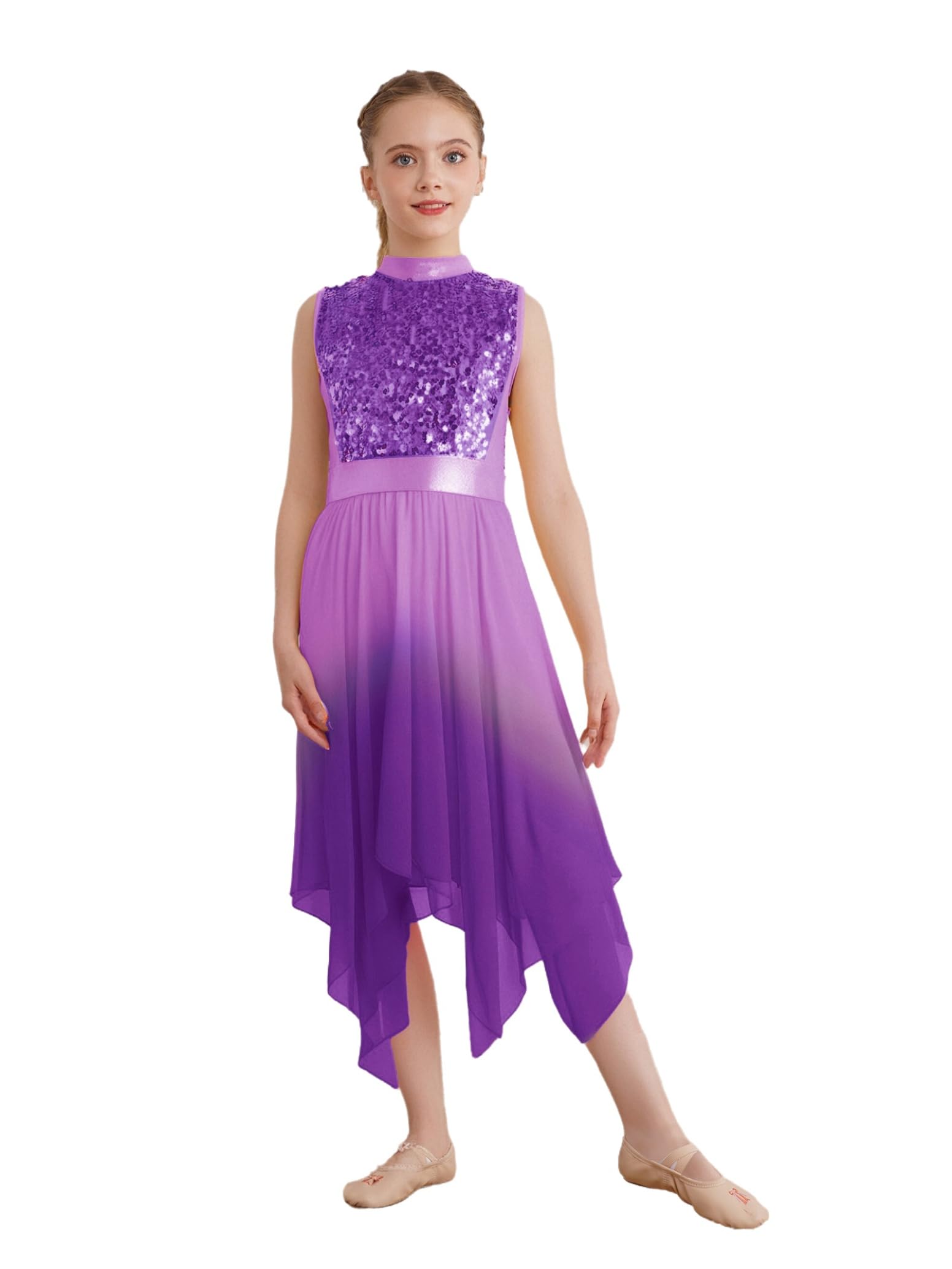 inlzdz Kinder Mädchen Liturgische Anbetung Lobpreis Tanz Tunika Pailletten Mock Neck Ärmelloses Ballett Lyrisches Tanzkleid Tanzbekleidung