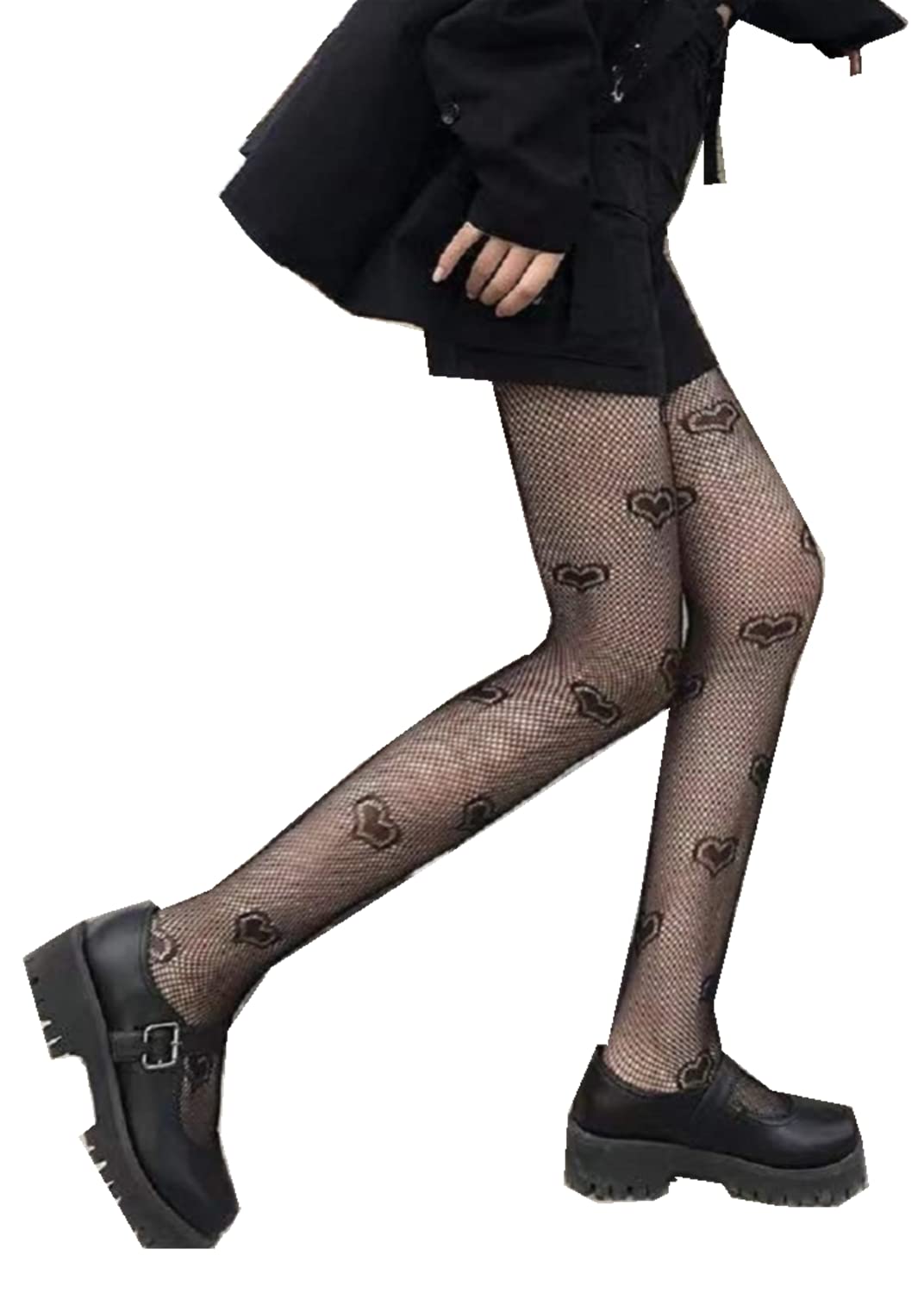 Heitongmaoyi Women's Love Black Lolita Velvet Bow Fishnet Stockings Cutout Print Temptation Mesh Pantyhose (Love Black)