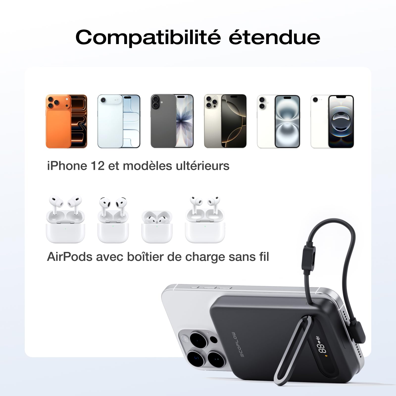 EcoFlow Rapid Mag Qi2.2 Magnétique Powerbank 10000mAh 25W avec Câble USB C 36W, Certifié Qi2.2 Batterie Externe Magnétique sans Fil Power Bank Rapide Chargeur pour iPhone 17/16/15 Pro Max Noir
