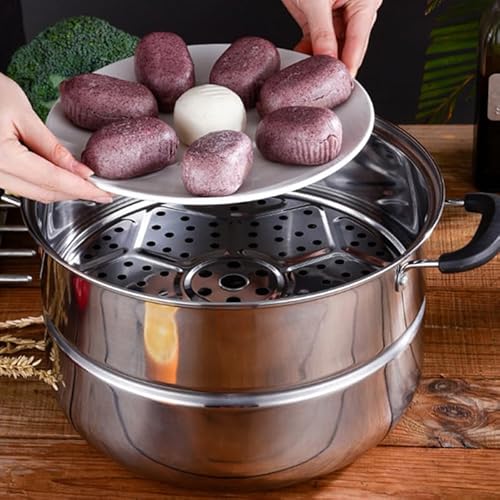 TOPBATHY 12 Inch Stainless Steel Steamer Pot Double-Layered Stockpot with Lid for Steaming Vegetables Dumplings Fish Compatible with Gas Induction Electric Stoves - Image 2