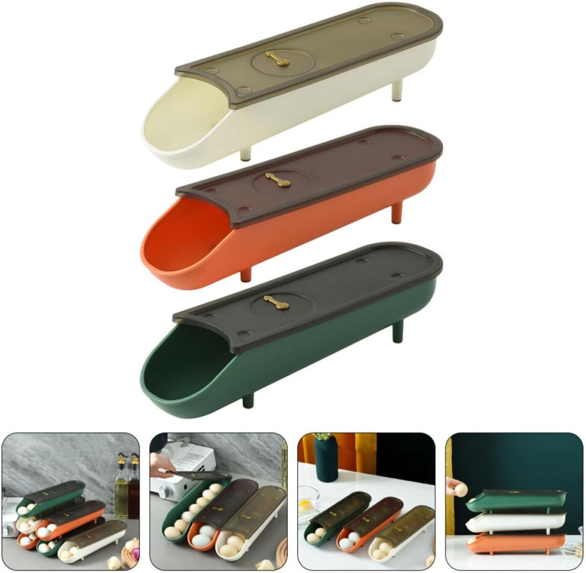 3pcs Auto Scrolling Stackable Egg Holder with Lid, PP Refrigerator Bin