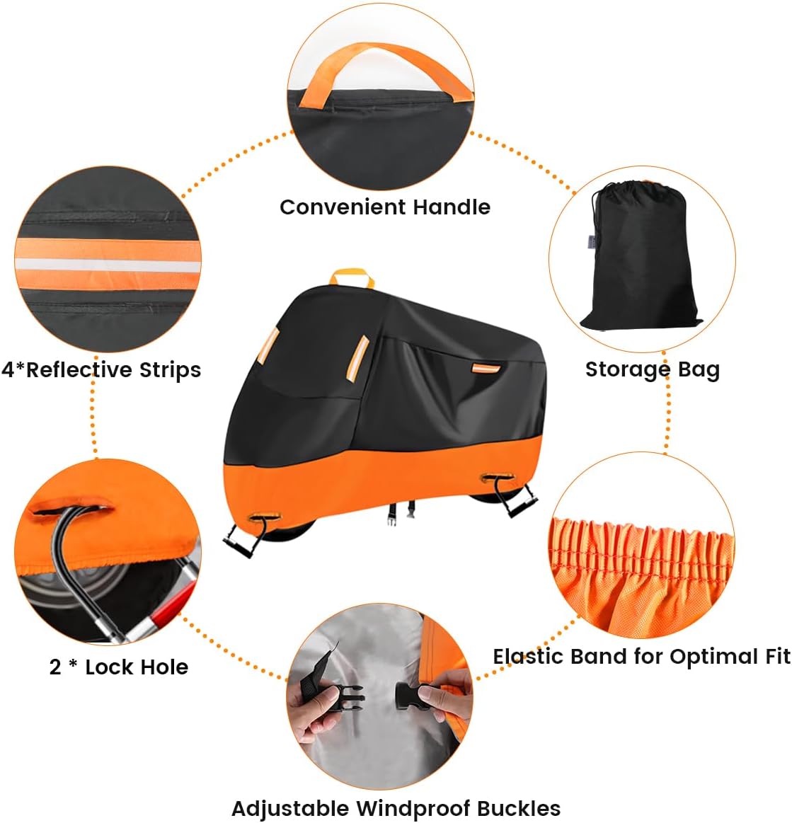 Motorcycle Cover Waterproof Outdoor,420D Heavy Duty, Rain & UV Resistant,Motorcycle Covers with Storage Bag & Buckles, All Seasons Protection Powersports Vehicle Cover Fits up to 104.3" (3XL)