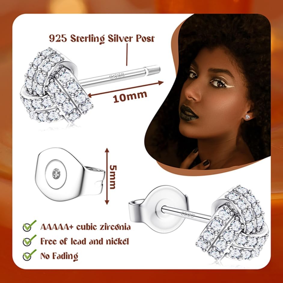 SAILIMUE Hypoallergenic Sterling Silver Stud Earrings for Women Men Brilliant Heart Knot Round Cubic Zirconia Earring Studs for Sensitive Ears Gold Silver Tone - Image 2