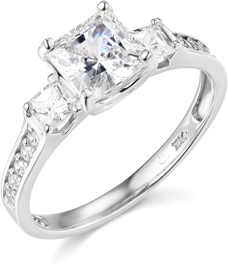 TWJC Wedding Collection14k Solid White Gold 1.75 Ct. 3 Stone Princess Cut Engagement Ring Band - Size 4