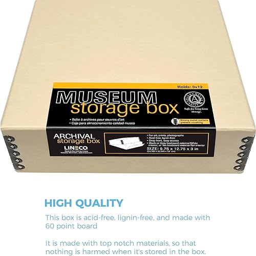 Miniatura 5 de Lineco Museum Archival Caja de almacenamiento, diseño frontal con caída, 9.75 x 12.75 x 3 pulgadas. Libre de ácidos con borde de metal. Organiza
