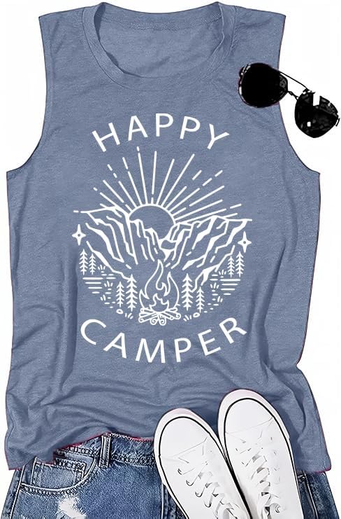 Graphic Tank Tops for Women Happy Camper Tank Tops for Teens Sunshine Hawaiian Beach Tops Athletic Camping Sleeveless Tee