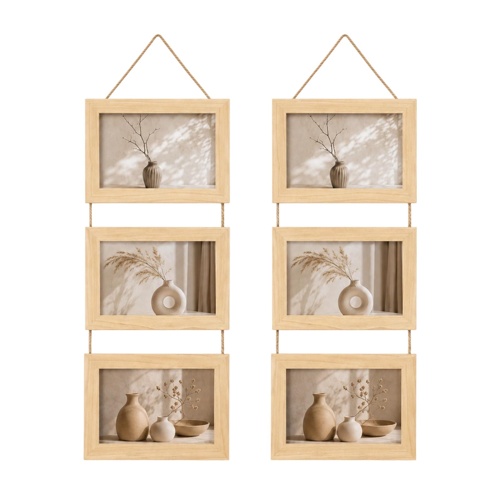 2Pack Hanging Photo Frame 6x4, Rustic Natural Wood Effect Triple Collage Picture Frames with Twine, Farmhouse Wall Mounted Photo Display for Living Room Bedroom Hallway