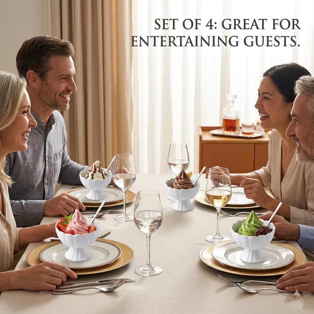 Ceramic Ice Cream Bowls, Set of 4, Footed Dessert Bowls with Spoons