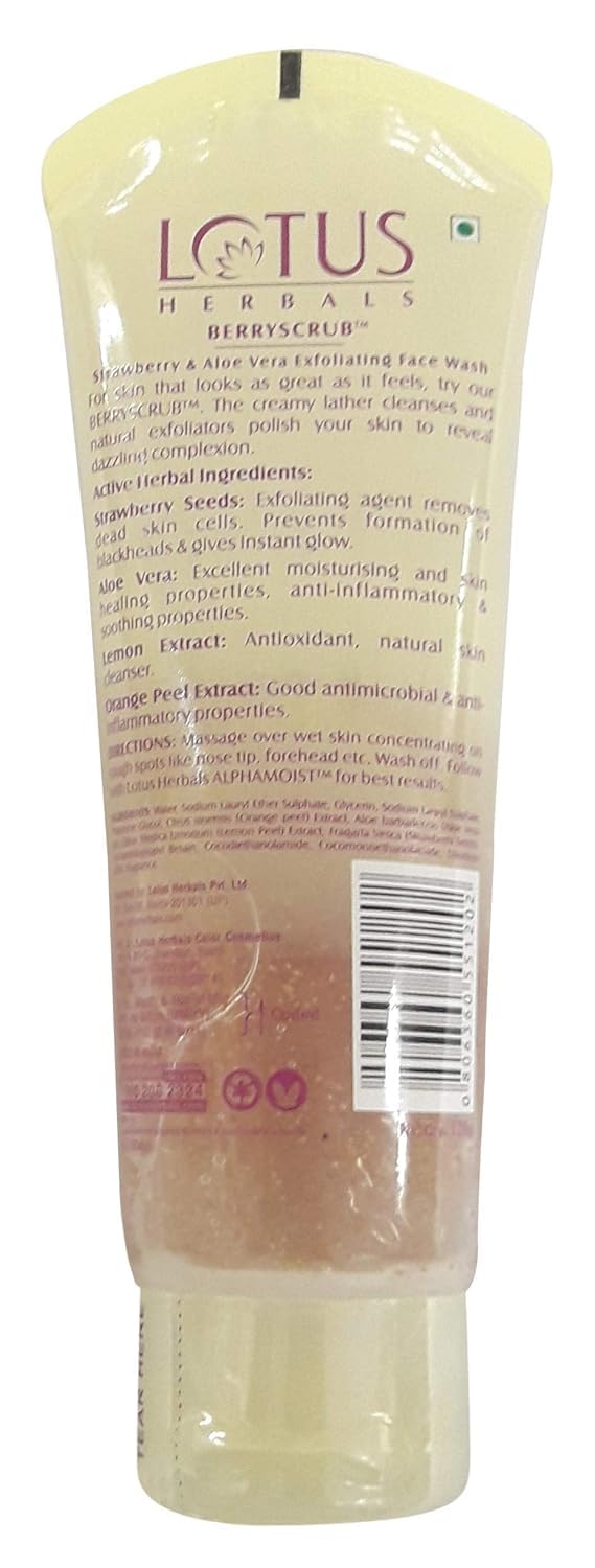 Lotus Herbals Berryscrub Strawberry & Aloe Vera Exfoliating Face Wash | Deep Cleaning | Blackhead Removal | For All Skin Types | 120g - Image 3 thumbnail