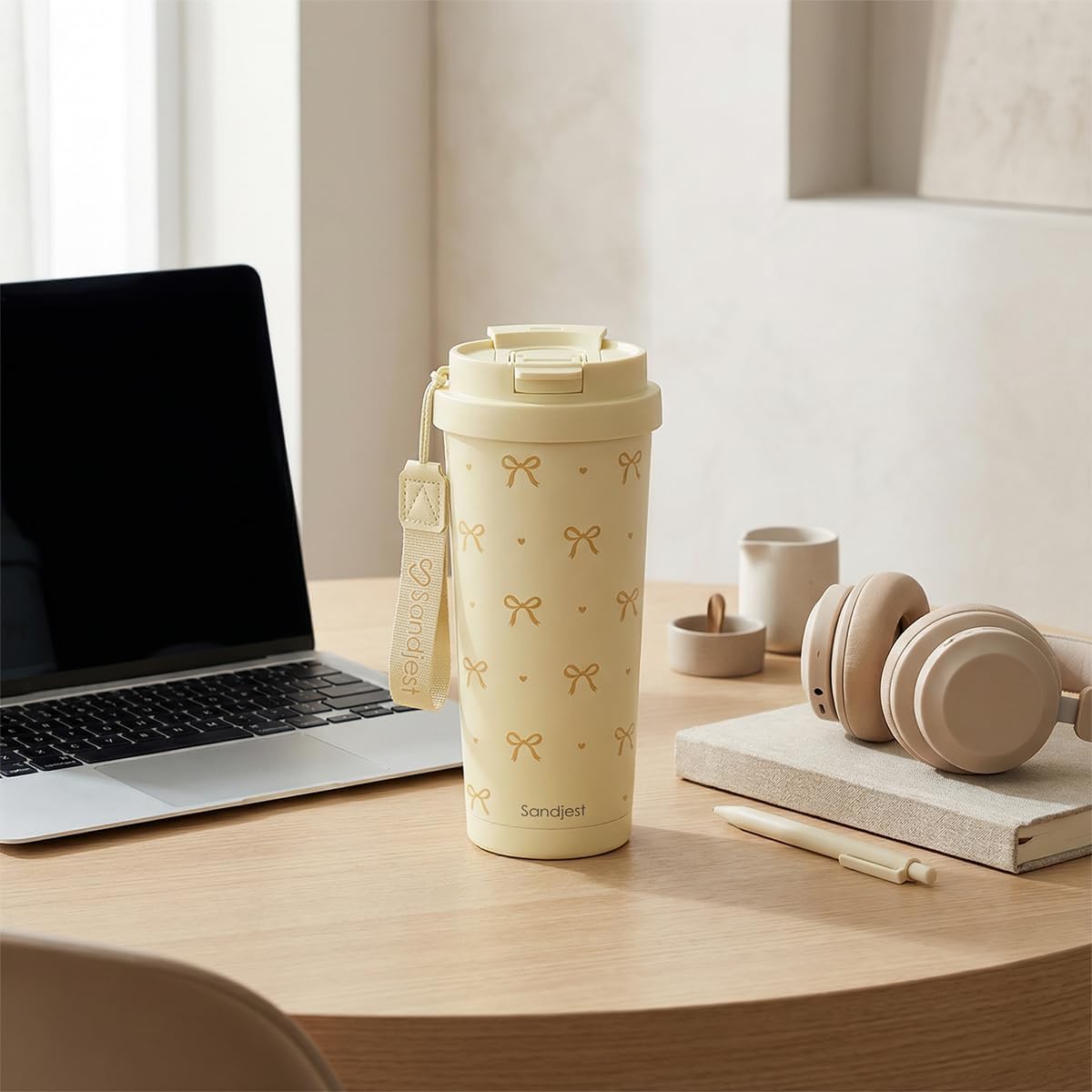 SANDJEST Bow Stainless Steel 2-in-1 Lid Coffee Tumbler 18 oz, Insulated Travel Mug Gift for Women Girls Friends, Gift Idea for Birthday Christmas Mothers Day (Yellow) - Image 6