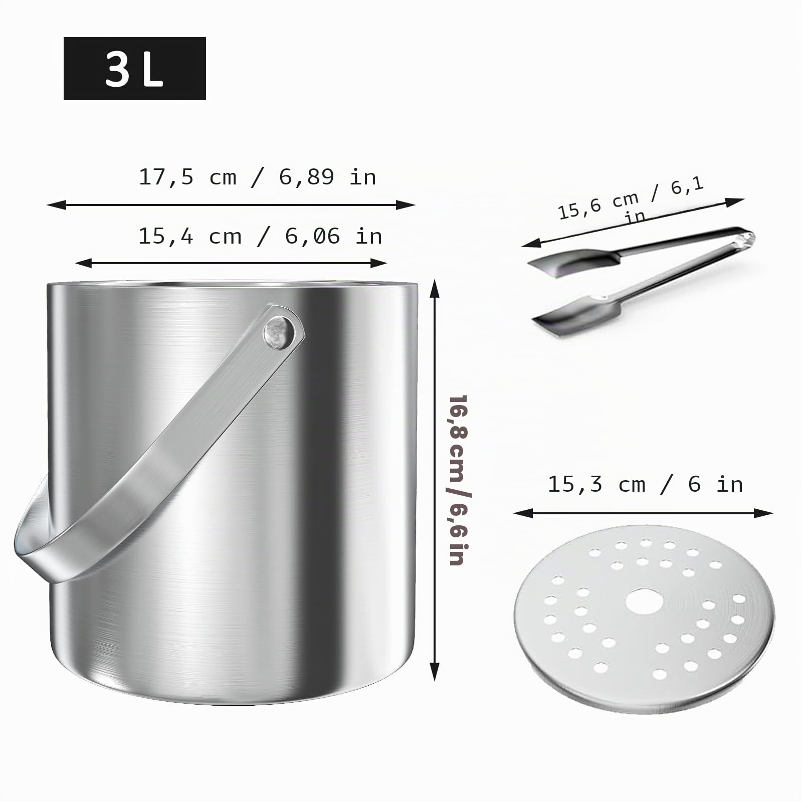 3L Eiswürfelbehälter, Eiswürfelbehälter Aufbewahrung, Edelstahl Eisbehälter, mit Sieb und Eiszange, zur Aufbewahrung von Eis und zum Kühlen von Getränken