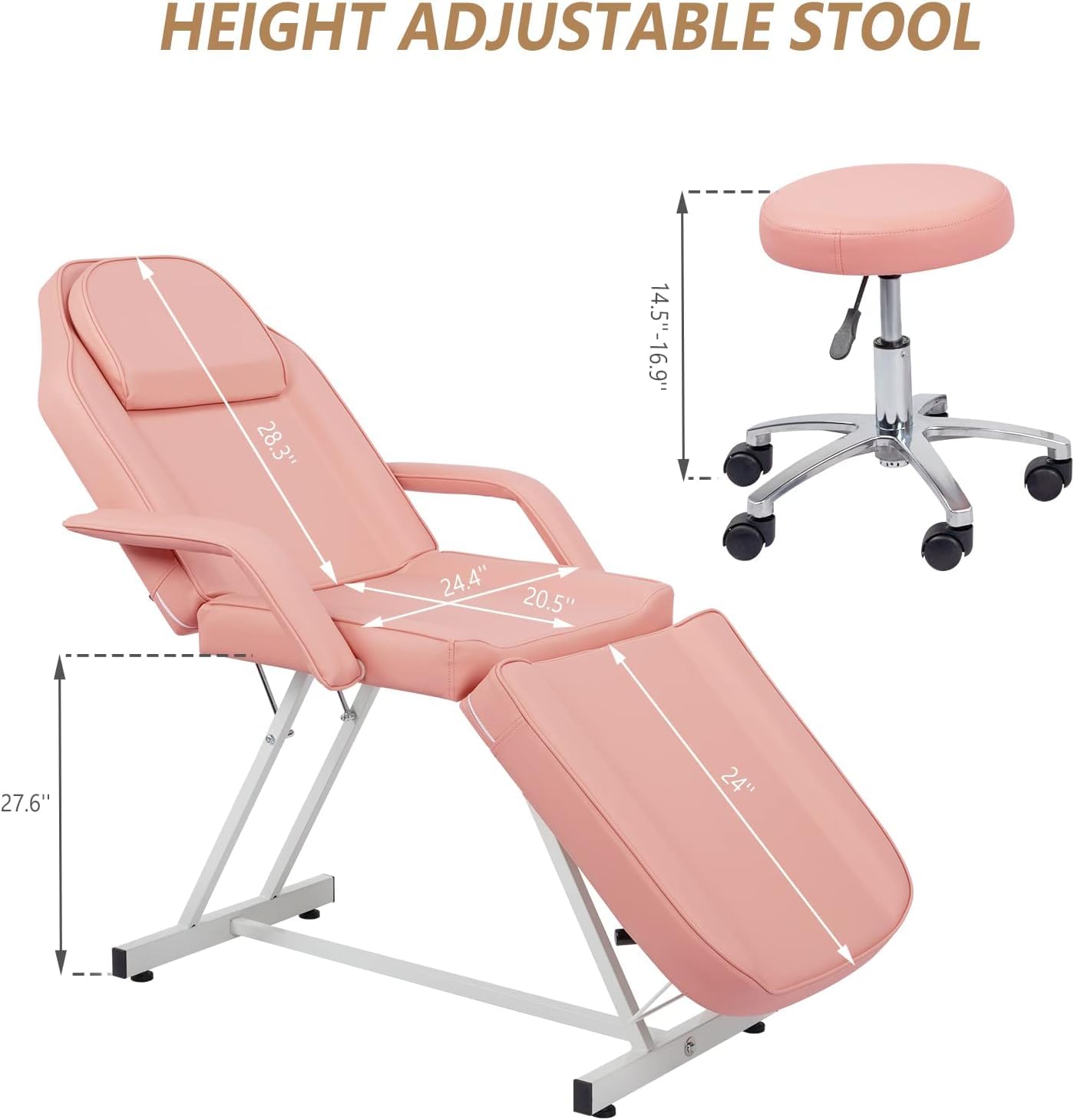 Tavolo Massaggio Pieghevole 3 Zone 185x70 cm Rosa | Sgabello Portatile Tavolo Massaggio in pelle PU Per salone Estetista Tattoo