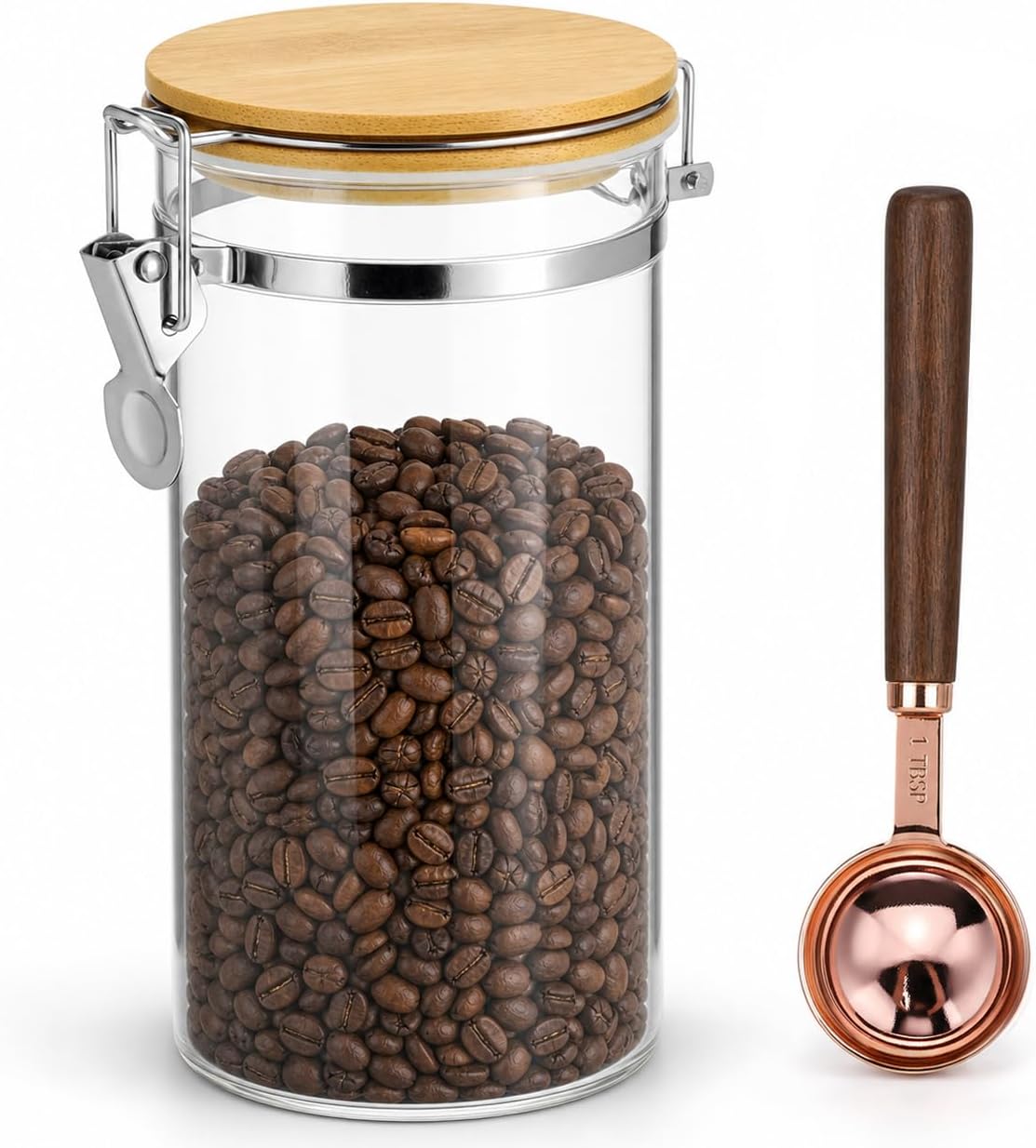 QWORK 40 oz Glass Coffee Airtight Canister with 1 TBSP Spoon – 1200ml Borosilicate Jar for Whole Beans & Grounds – Kitchen Storage for Coffee Bar