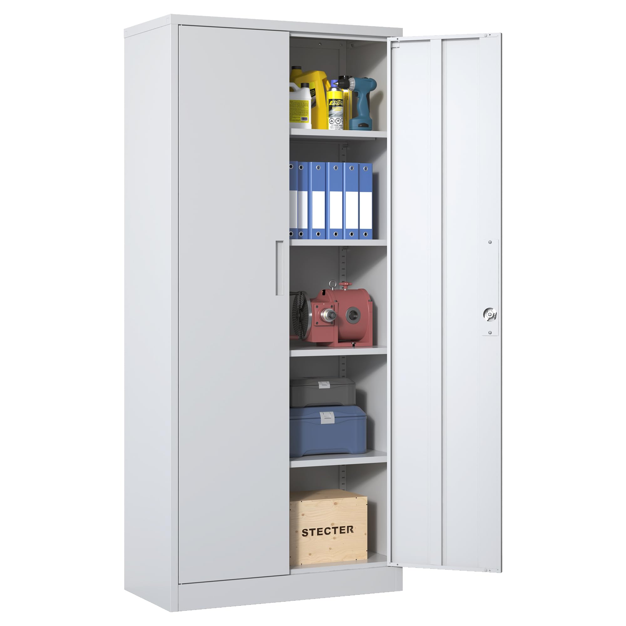 IKIMI Metallschrank mit 2 Türen und 4 Verstellbare Einlegeböden,180x80x40cm Mehrzweckschrank mit Schloss,5 Ebenen Aktenschrank,Stahl-Aufbewahrungsschran Weiß Werkzeugschrank für Garage Büro,Wohnzimmer