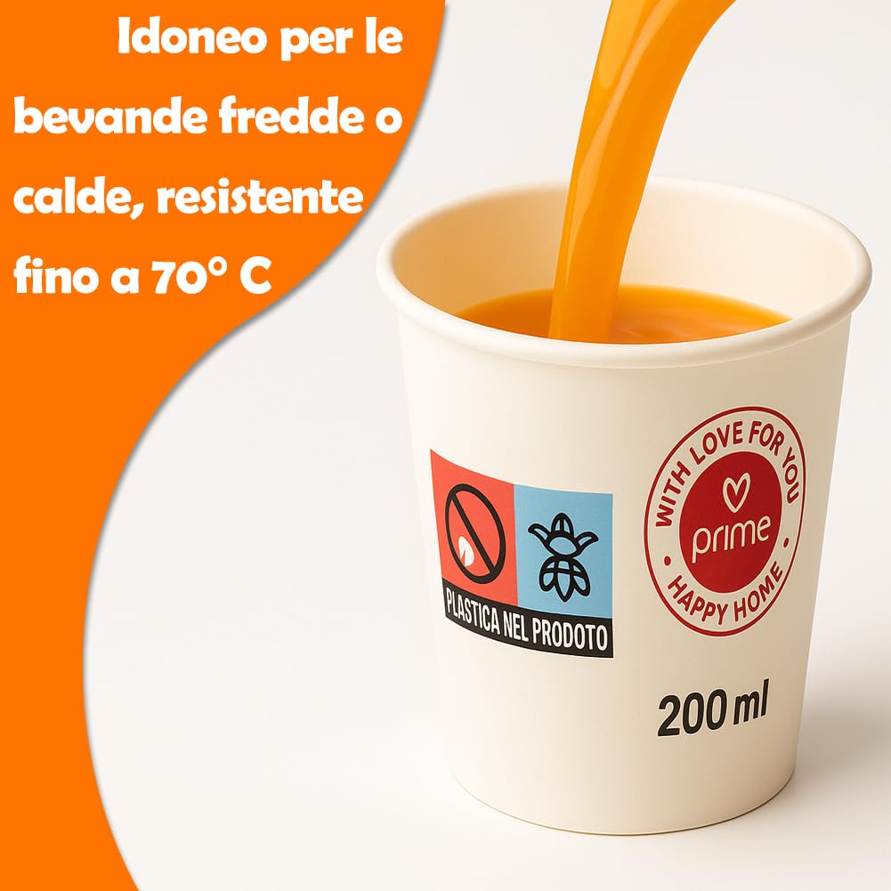 BAKAJI 1000 Bicchieri Monouso Capacità 200 ml per Acqua Bibite Calde e Fredde, Tazza in Carta Usa e Getta Riciclabili x Hotel, B&B, Casa, Feste ed Eventi, Biodegradabili e Ecosostenibili (Bianco)