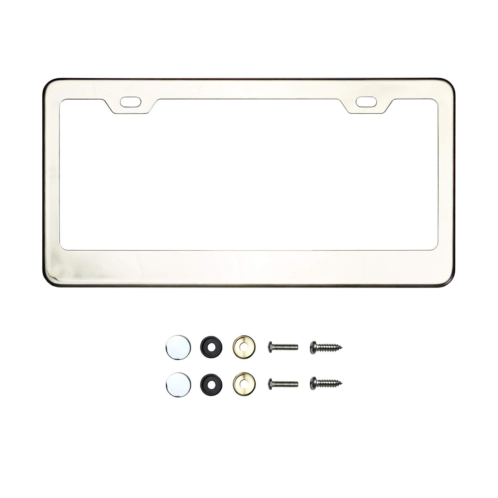 Chrome Polish Mirror License Plate Frame T304 Stainless Steel + Metal Screw Caps