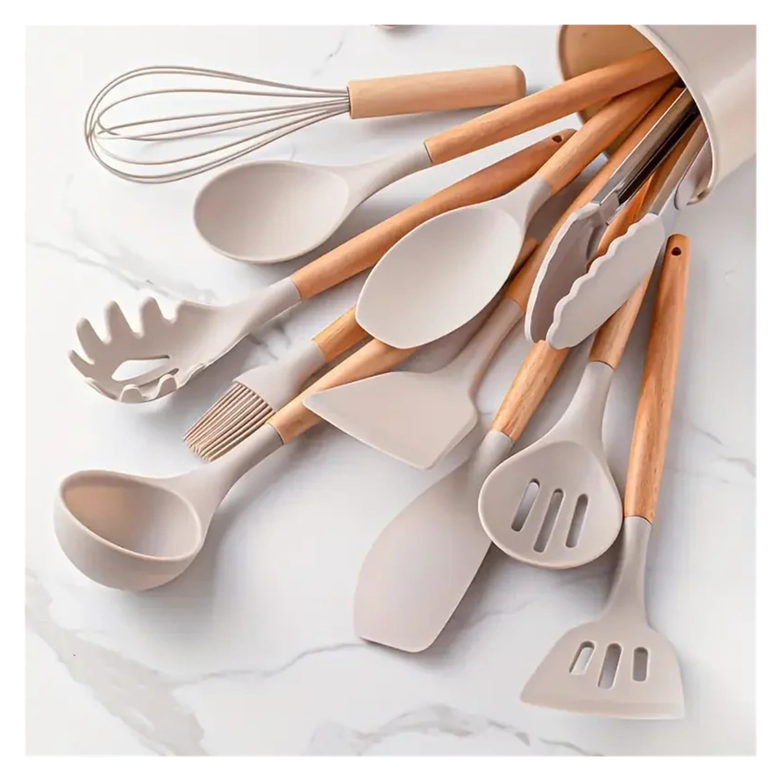 Mehrfarbiges Silikon-Küchenutensilien-Set, 12-teilig, antihaftbeschichtet, hitzebeständig, mit Holzgriffen, inklusive Spatel und Löffel