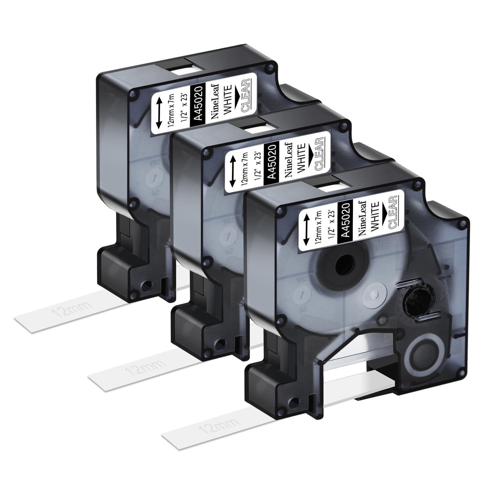 NineLeaf 3 Pack Compatible with Dymo D1 Label Tape 45020 S0720600 A45020 White on Clear 12mm x 7m for Dymo Label Maker Refills for Dymo LabelManager 160 280 150 200 420P Label Maker