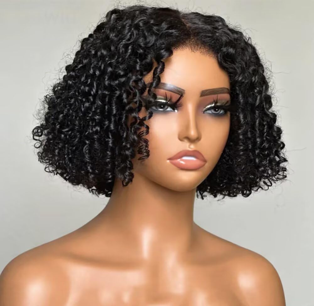 Juicy Coils Wig With Kinky Edges 13X4 HD Transparent Glueless Lace Short Bob Curly Human Hair Wig Pre Plucked for Women Brazilian Remy Bleached knots Wigs with 4C Kinky Hairline 150 Density