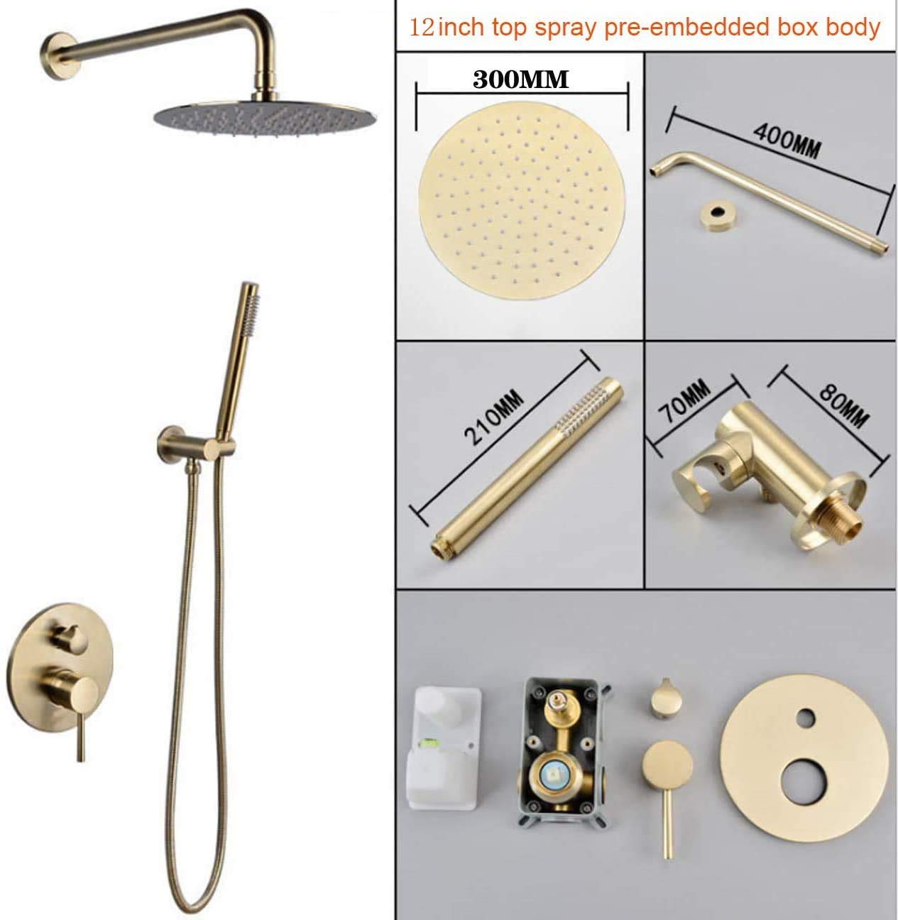 Sistema Doccia, Ottone Nascosto Doccia Set Parete Spazzolato Oro Rubinetto Doccia Set Con 8-12 "Rotondo Ottone Top Spray Soffione Doccia A Pioggia E Handhe,