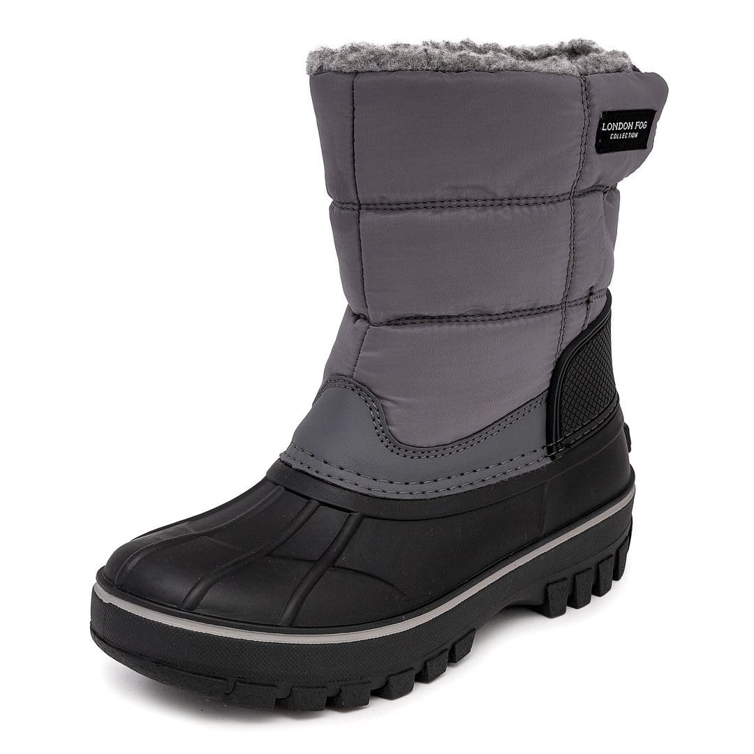 LONDON FOG Jett Waterproof Unisex Kids Snow Boot, Insulated Fleece Lined,  Size Toddler to Big Kid, Black, Navy Blue, Grey