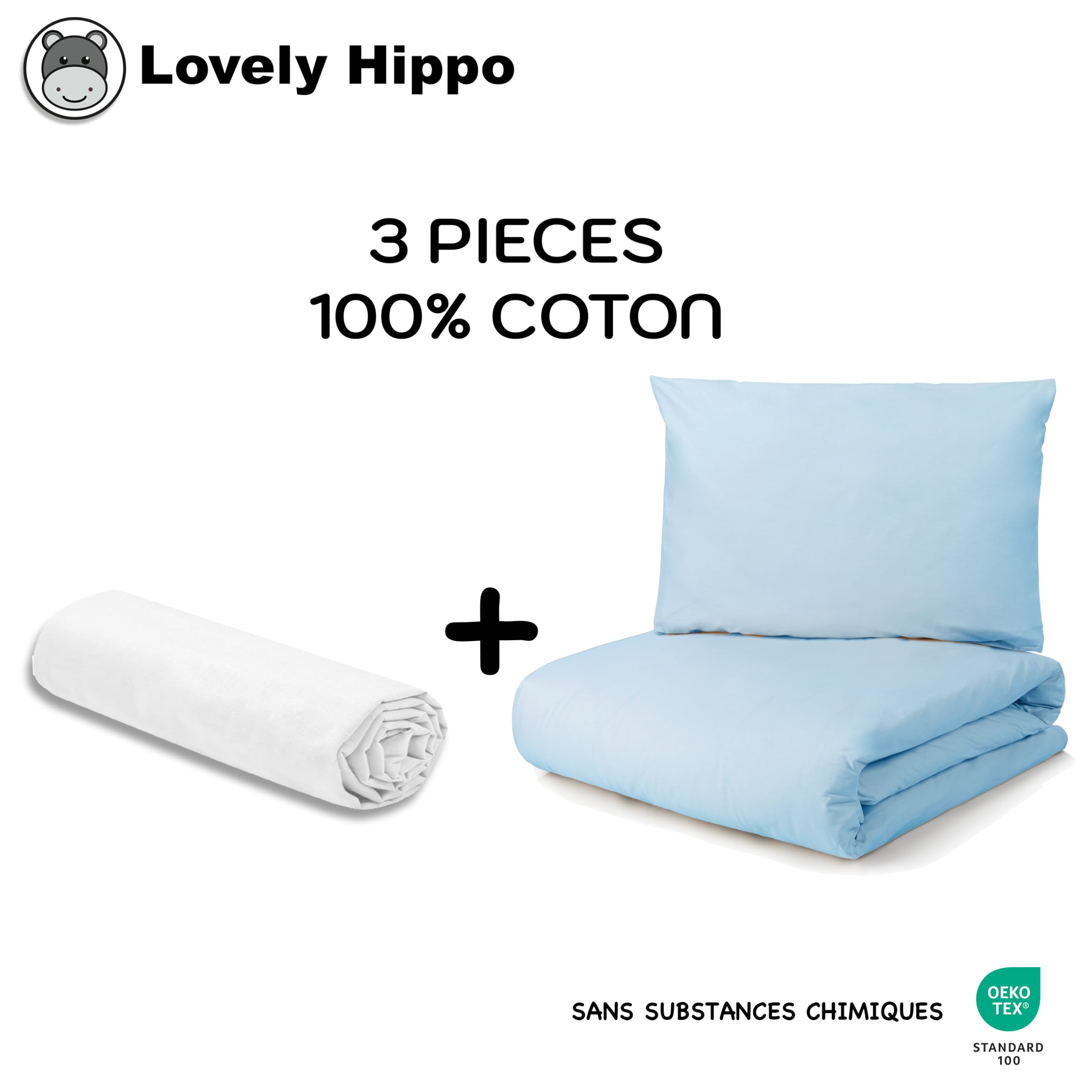 Lovely Hippo Parure De Lit 80x160 Cm 100% Coton Pour Lit Cabane Enfant - Drap Housse, Housse Couette Et Taie D'Oreiller