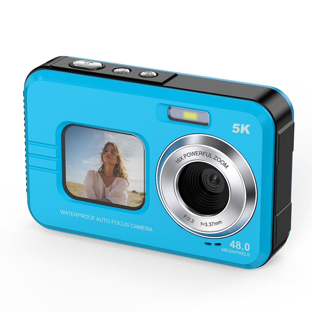 1080P 48MP Onderwatercamera, 2,4 Inch Scherm Duikcamera met 32GB Geheugenkaart, Autofocus, Gezichtsherkenning, 650mAh Batterij Onderwater Waterdichte Sportcamera (BLUE