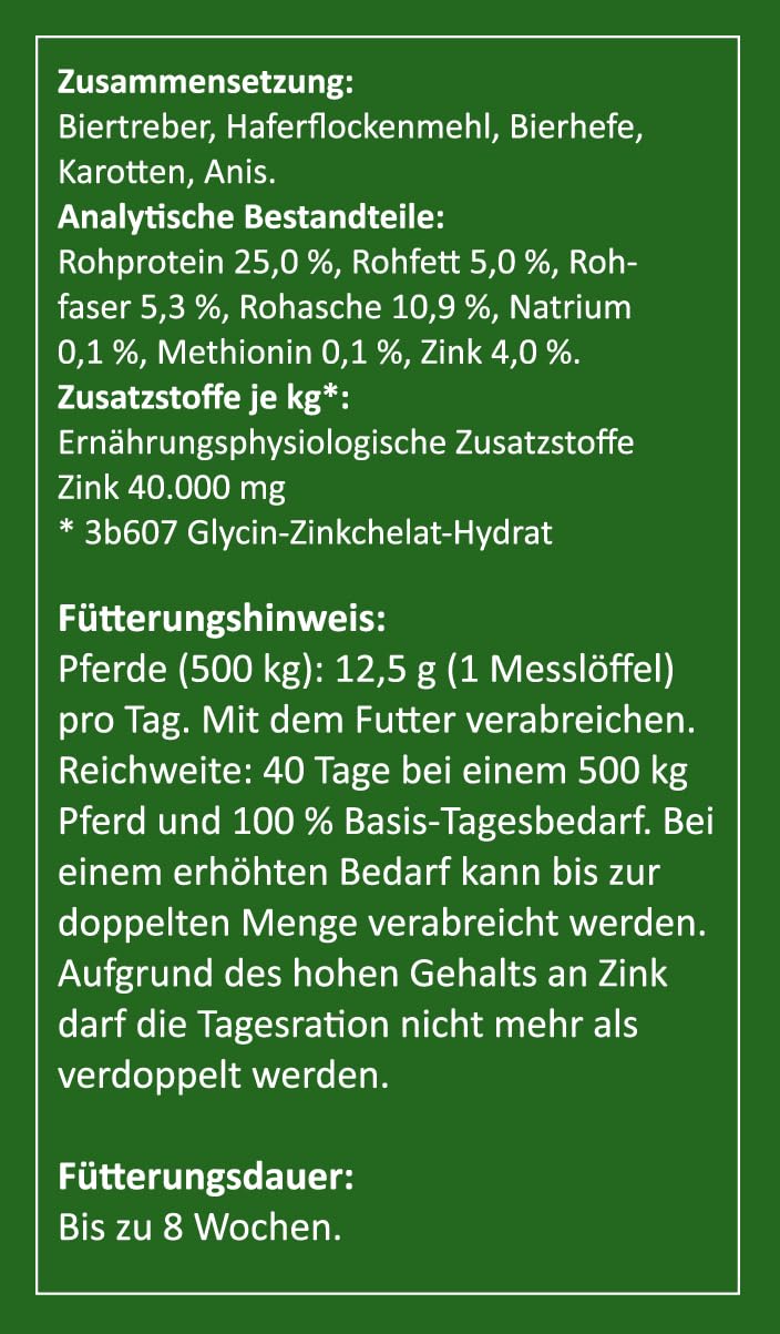Zink organisch Pulver 500g – Hochdosiert 40.000 mg/kg Zinkglycinat – Unterstützung für Haut, Fell & Hufe – Melassefrei & zuckerfrei – Bewährt seit über 10 Jahren