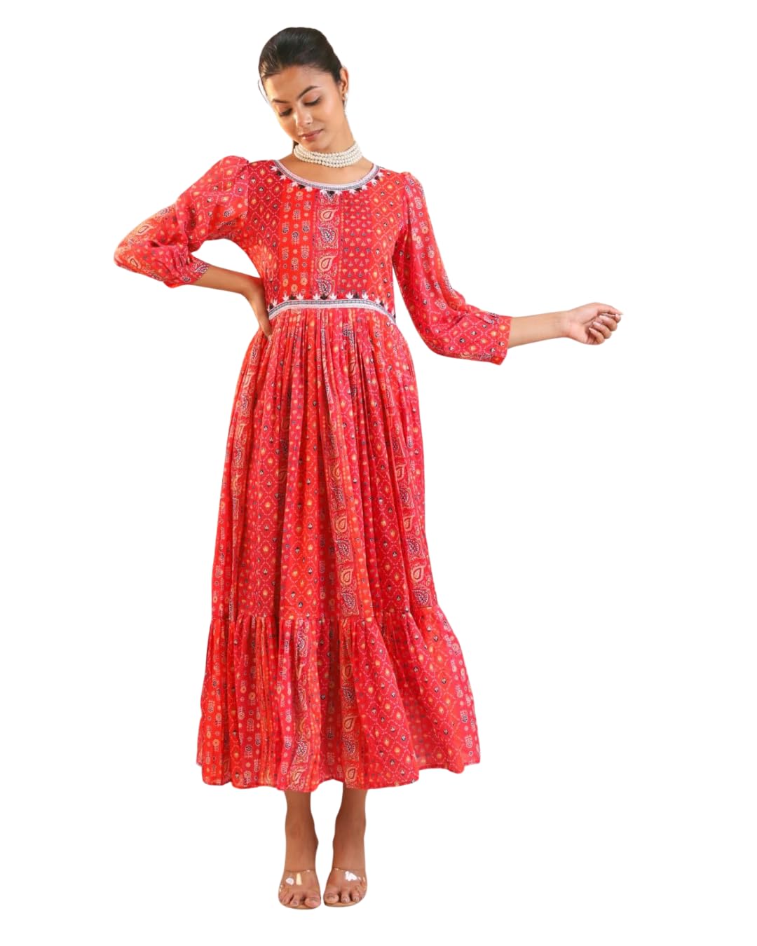 Women Muslin Fabric RED Base with Multicolor Bandhani Floral Prints Mirror & Gota Lace Detailing Round Neck 3/4th Puff Sleeves Gown for Women-image-8