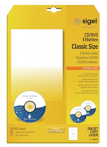 SIGEL LA525 Etiquetas para CD/DVD (Ink/Laser/Copy), Ø 117 mm (A4), 50 Et.=25 hojas
