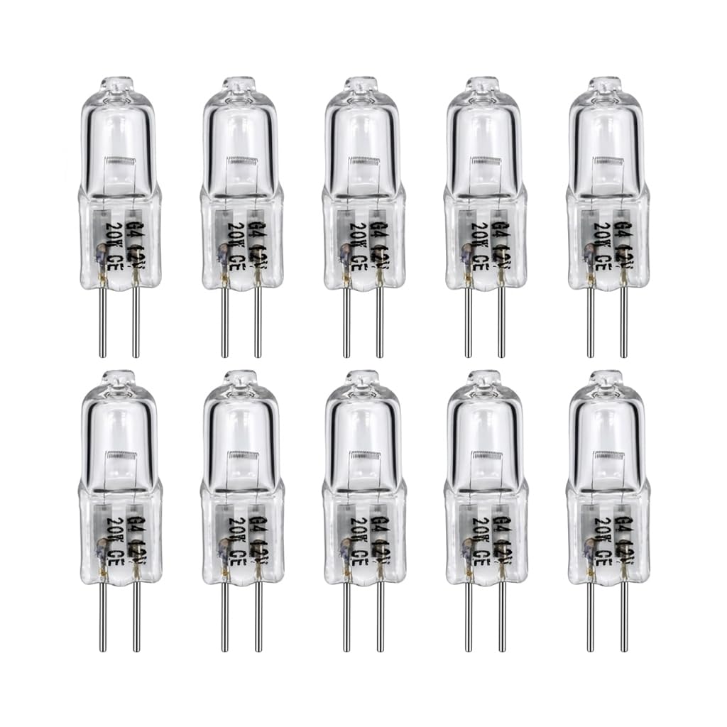 glonest 10 Pack G4 Halogen Bulbs 20W, Dimmable 12V Halogen Light Bulbs, 2700K Warm White, 2 Pin Clear Capsule Lamp for Cooker Hood, Cabinet, Table Lamps, and Ceiling Lights