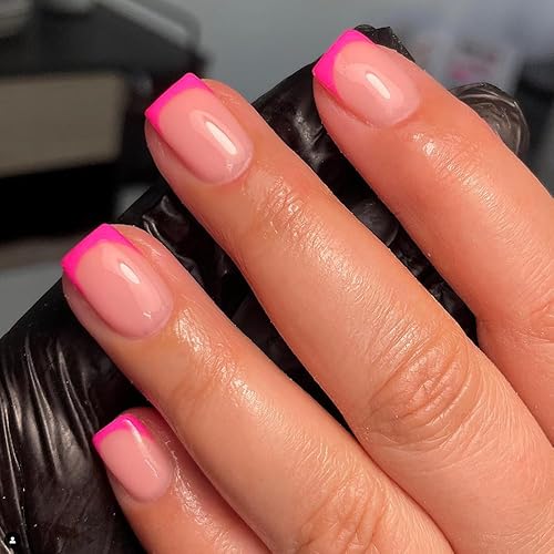 SXVME - 30 uñas postizas a presión de punta francesa color rosa intenso, uñas cortas cuadradas, uñas postizas SXVME cortas, uñas acrílicas, uñas
