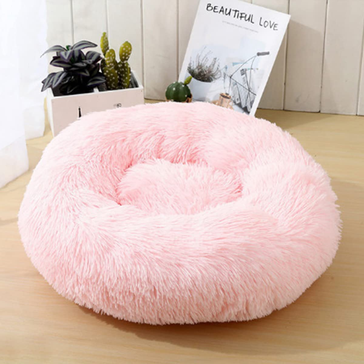 Calming Dog Bed Cat Bed, Washable Round Dog Bed Anti-Slip Fluffy Faux Plush Donut Cuddler Cat Bed for Small Medium Large Dogs - Waterproof Bottom diameter39in