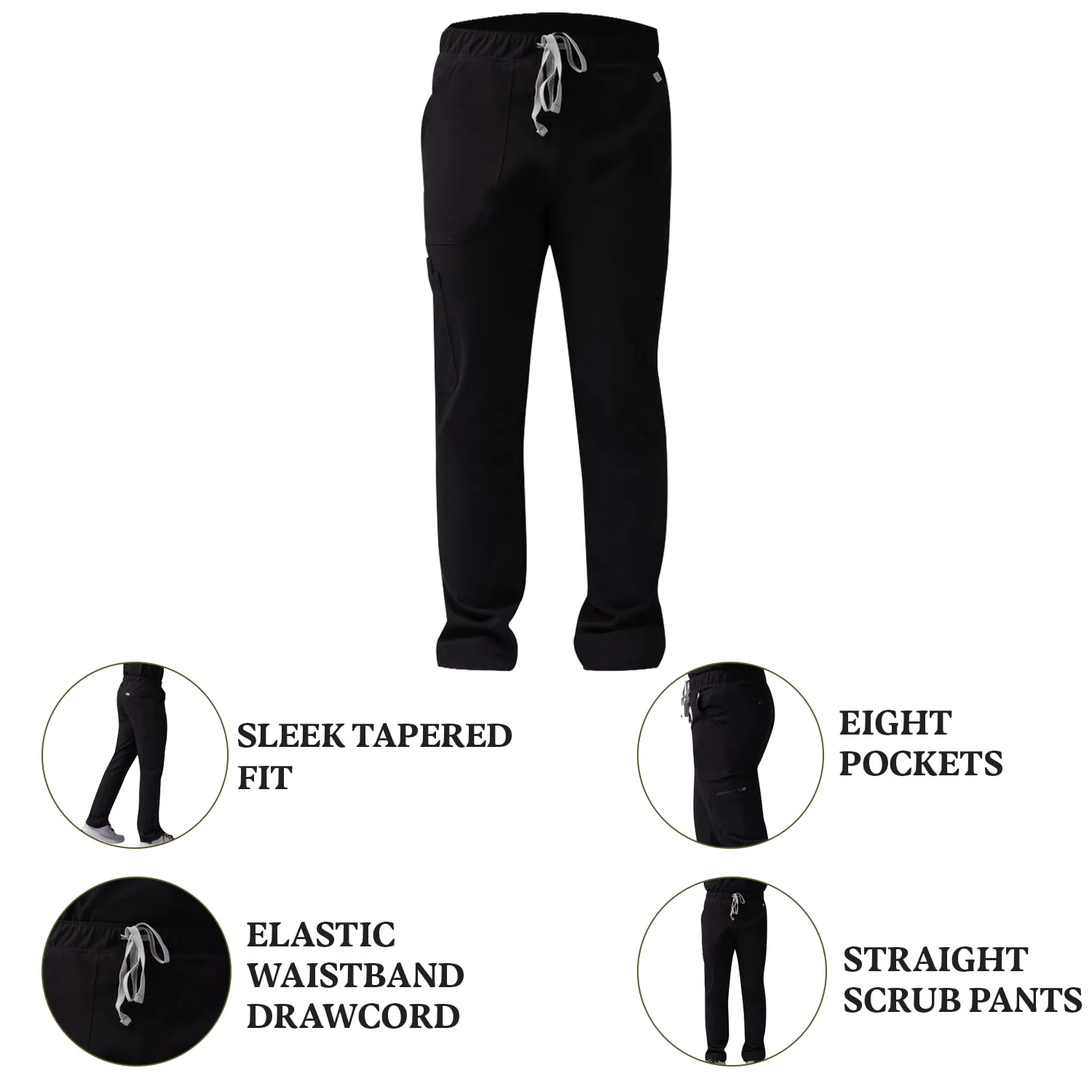 Socotra Men's Straight Scrub Pants - Comfort Elastic Waistband Scrubs Pants with Adjustable Drawcord - Sleek Tapered Fit, 8 Pockets Scrub Pants - Easy Care for Healthcare Professionals - Black, XL