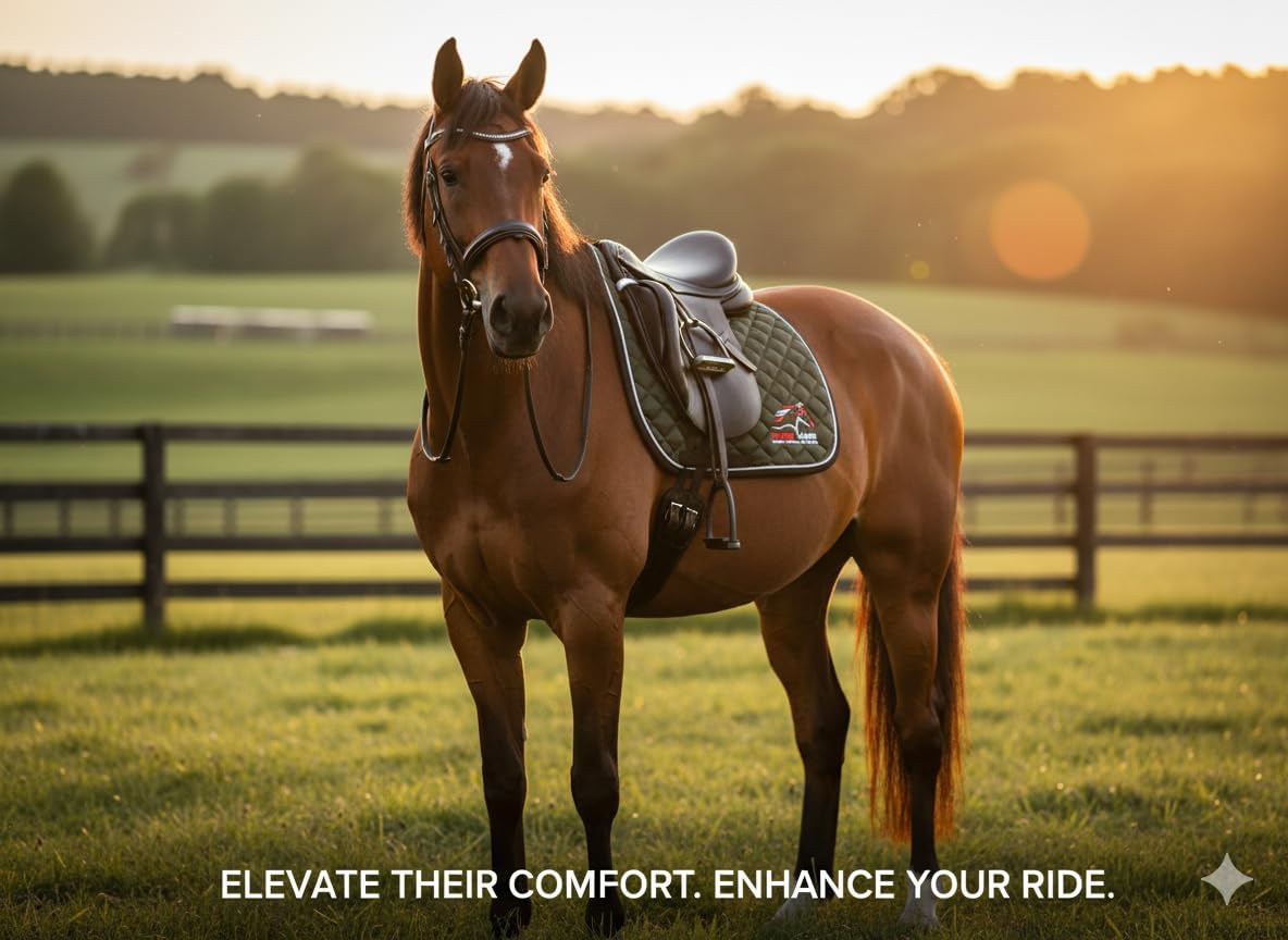 Equine Care English Saddle Pad for Horses - All Purpose Quilted Shock Absorbing Padded Saddle Pad with Breathable Honeycomb Airflow, Non Slip Contoured Wither Relief (Olive Green, Generous Cut)