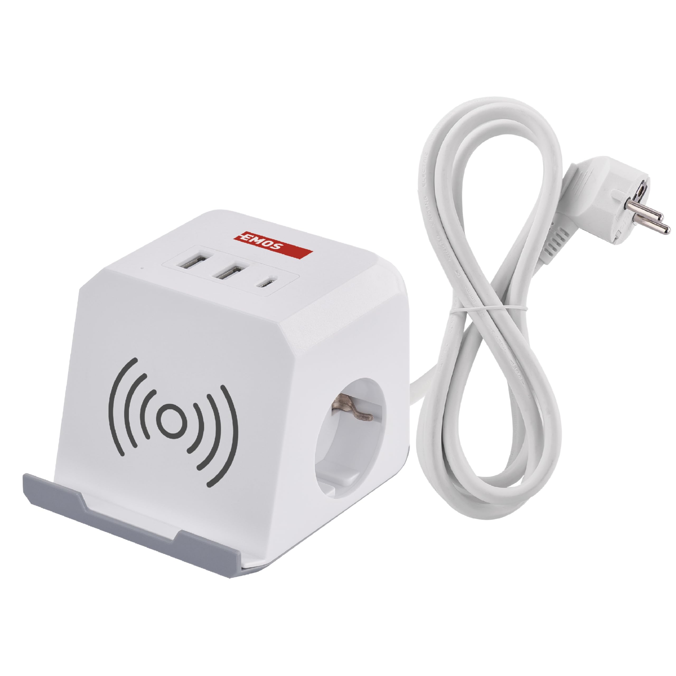 EMOS Steckdosenwürfel mit USB und QI Ladestation, 2X Schuko-Steckdosen, 2X USB-A Port, 1x USB-C Port, 1x Qi Ladestation mit Handy-Ständer, 2m Kabel, erhöhter Berührungsschutz