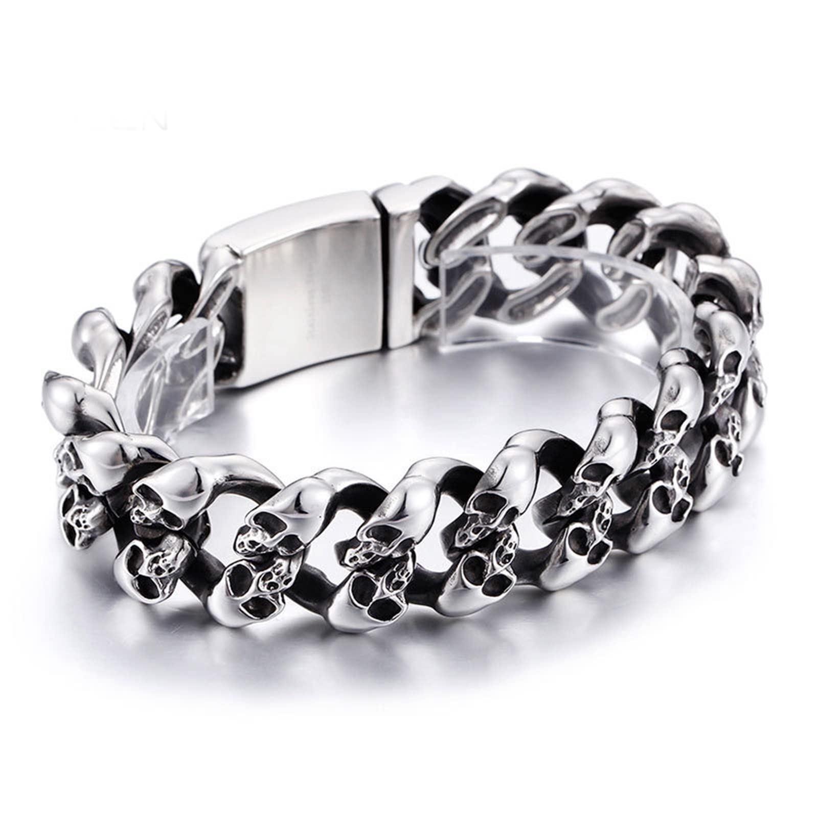 Herren Herrenarmband in Edelstahl, Schädel Panzerkette Personalisiertes Armband als Geschenk für Herren, Freunde und Familie, 21cm Länge, 19mm Breite, Schwarz