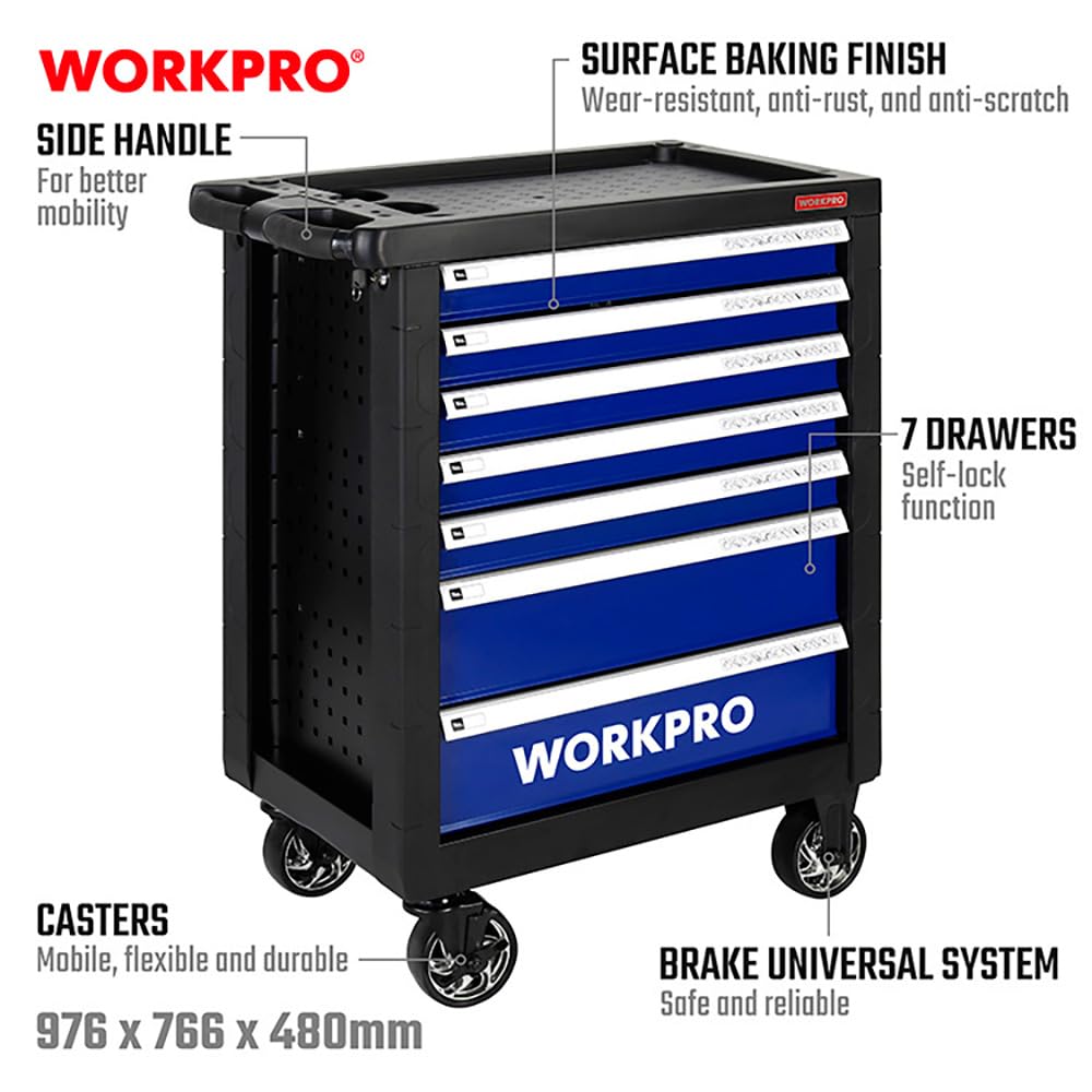 WORKPRO - Carro de Taller (7 cajones, 79 x 49 x 49 x 49 cm, Metal), para Herramientas y Herramientas manuales