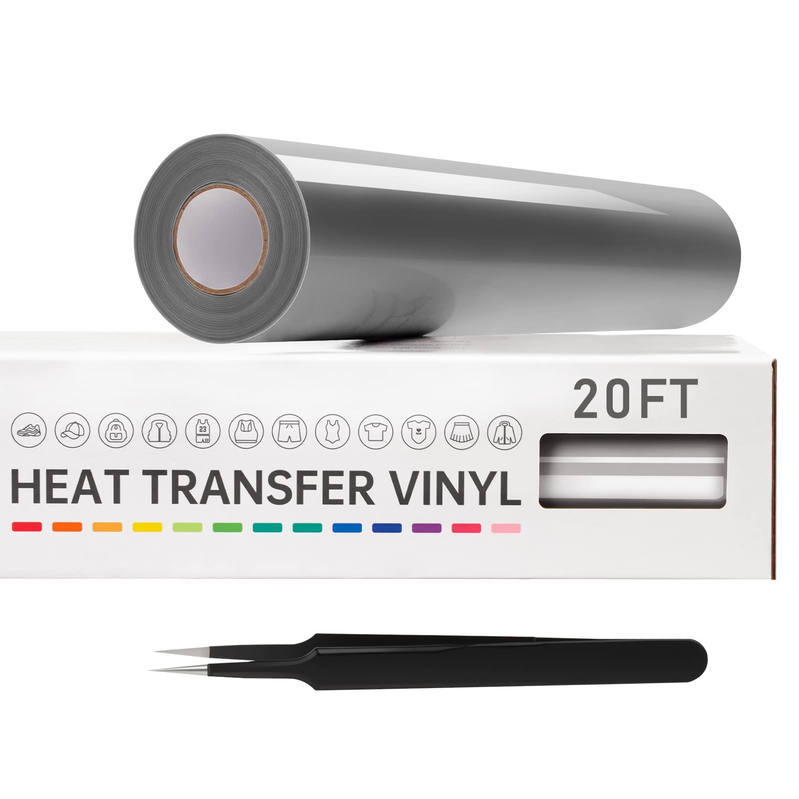 VinylRus Vinilo de transferencia de calor, rollo de vinilo plateado de 12 x 20 pies, para camisas, vinilo HTV para Silhouette Cameo, Cricut, fácil de cortar y deshierbar
