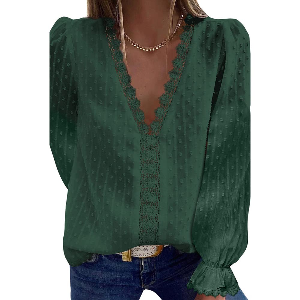 Bipily Camiseta para Mujer Blusa de Encaje con Cuello en V de Gasa Manga Larga Elegante y Básica Color Sólido Tops