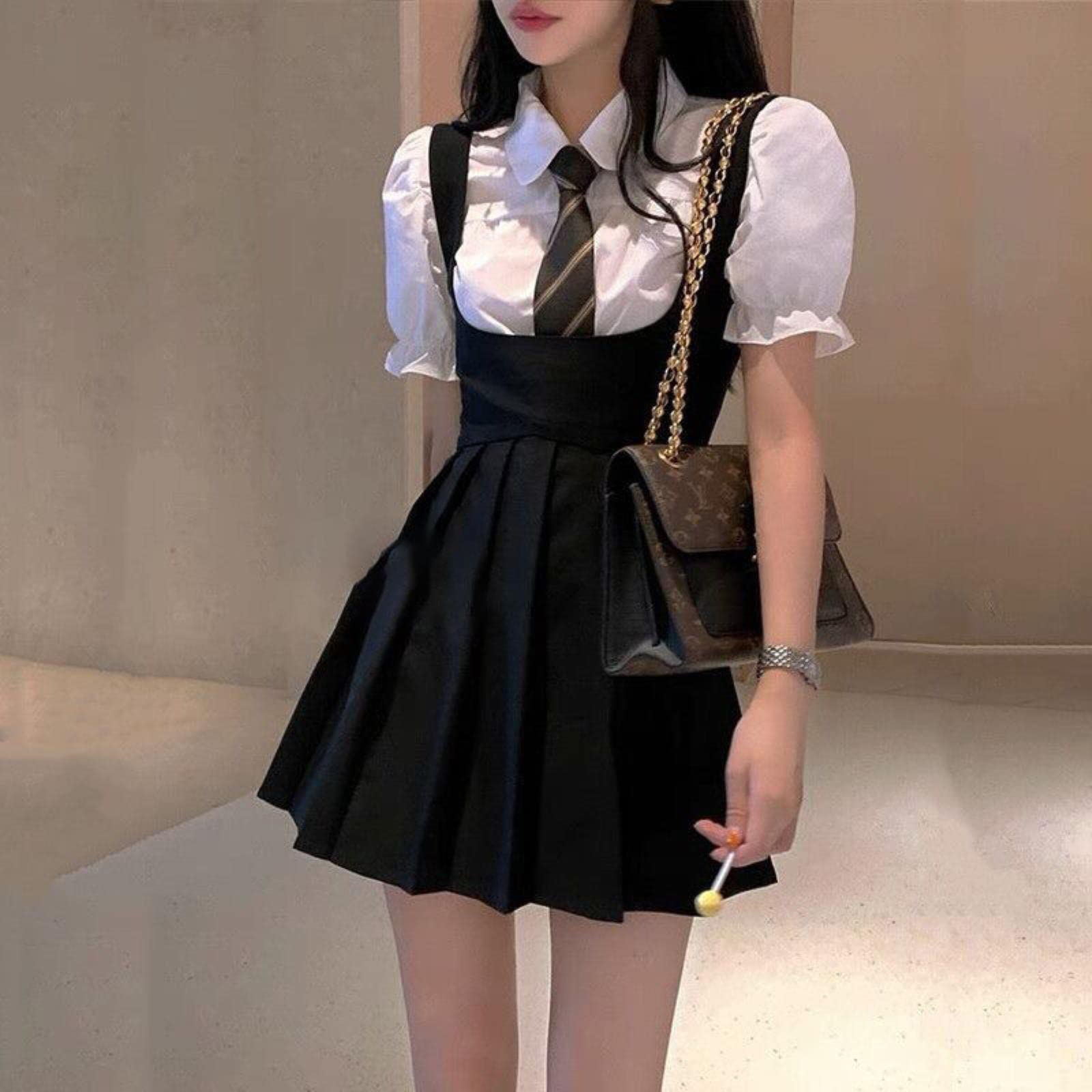 Harajuku Black Preed Robe Femmes Preppy Style Robes Dark Academia Fairy Alternative-Dress Shirt tie,S