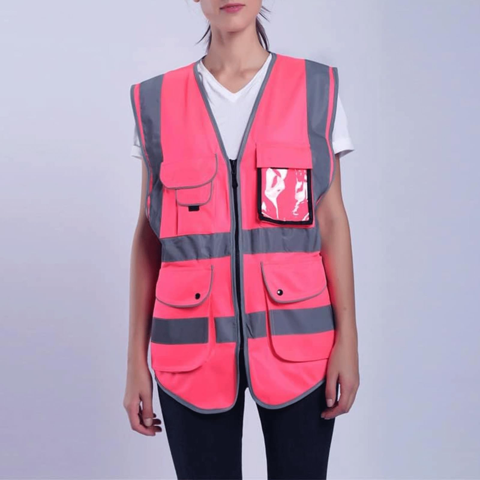 Warnweste Sicherheitsweste, 360°-High-Vis-Streifen, reflektierender Anzug mit Taschen und Reißverschluss, reflektierende Weste für Damen, reflektierende Sicherheitswesten Atmungsaktiv
