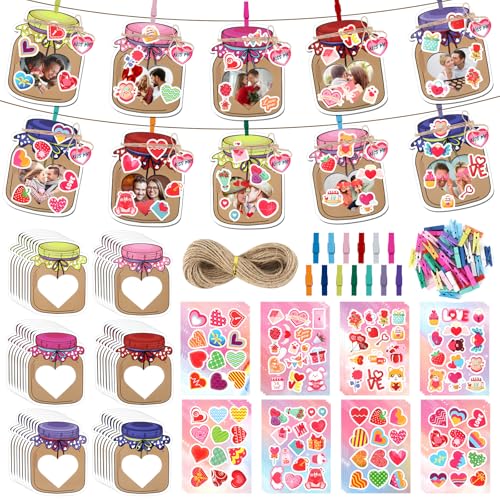 48 Sets Valentine 's Day Craft Mason Jar Valentines DIY Picture Frames Craft Valentine Cardboard Photo Frame Craft Kits with Stickers Valentines Classroom Activities Party Favors for Boys and Girls